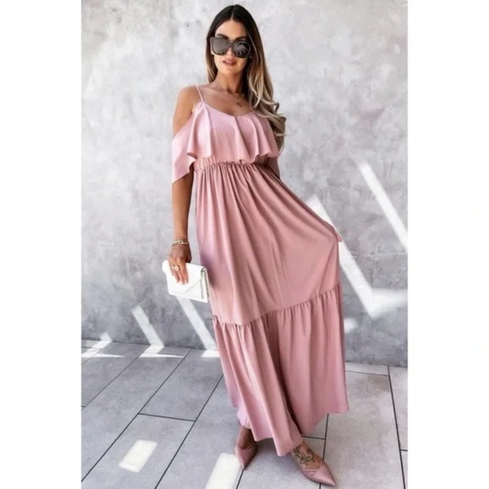 Pink Cold Shoulder Short Sleeve Tiered Long Flowy Maxi Dress - Picture 5 of 7